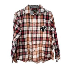 Upcycled Flannel, Bleach Dyed, Button Up, Long Sleeve Top With Peace Sign Patch